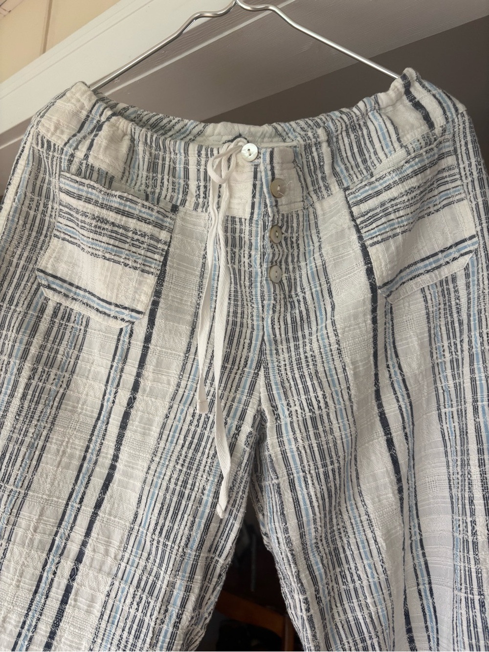 SUNDANCE BEACH PANTS-Cream and Navy Striped Drawstring Pants, 100% cotton - Picture 3 of 7
